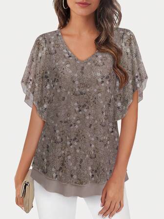 CheersLife 女士优雅休闲双层网眼优雅夏季衬衫短袖 V 领女士束腰上衣