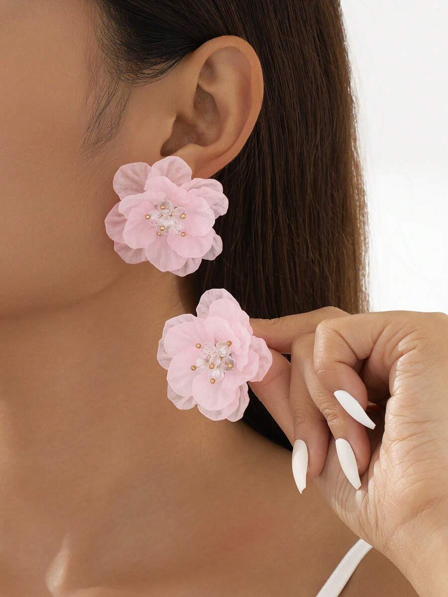1 Pair Romantic Asymmetrical Light Pink Flower Earrings, Gentle Design Suitable For Women Daily Wear, Wedding, Travel, Vacation - Baby Pink - View 1
