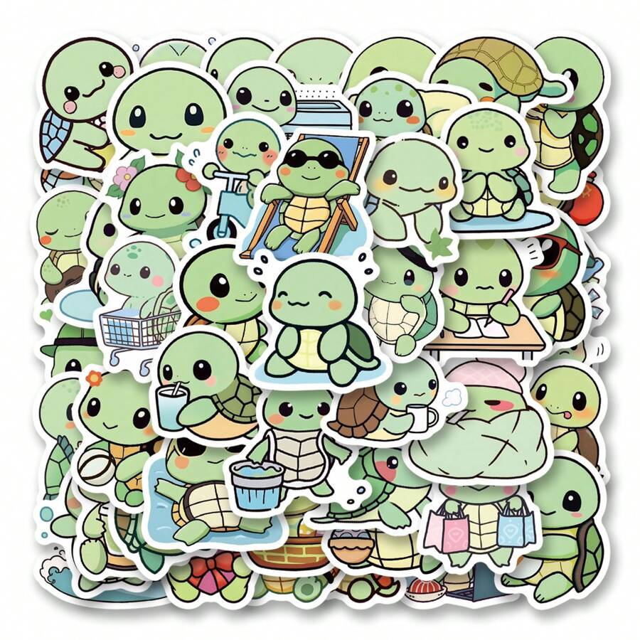 50张可爱乌龟贴纸 - 卡通装饰贴纸，适用于剪贴簿、水瓶、笔记本电脑、行李箱 - 防水，是奖励、派对、礼物的完美之选，贴纸，可爱贴纸，乌龟贴纸，外星人贴纸，鸭子贴纸，水贴纸 - 綠色 - 查看 1