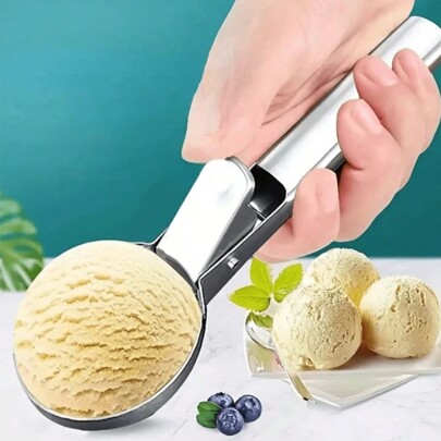 1 قطعة معلقة جودة عالية من الفولاذ المقاوم للصدأ مع تصميم سهل الانطلاق، قبضة قوية ومريحة، مثالية لتقطيع الحلويات المجمدة وكرات البطيخ