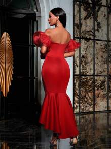 Faeriesty Ruffle Sleeves Off Shoulder Mermaid Hem Party Dress Wedding Guest Cocktail Dress - Red - View 2