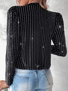 ChicMe 亮片泡泡袖前开式修身派对夹克时尚闪亮外套 - 黑色 - 查看 5