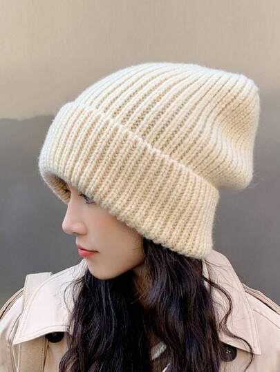 Knit Beanie Hat, Thick Warm Winter Korean Style Loose Slouchy Hat, Fashionable Solid Color Windproof Ski Cap For Women