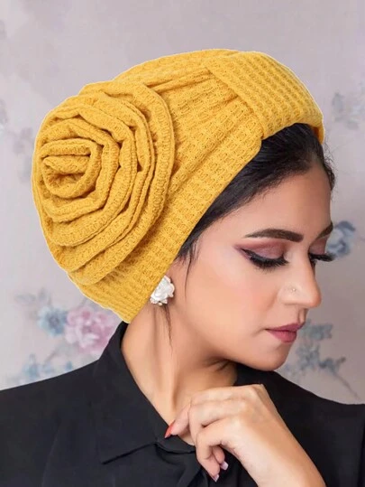 Z.H.A 1件装花盘优雅头巾帽纯色褶皱弹力头巾休闲针织帽头巾化疗帽情人节睡眠帽夏季沙滩