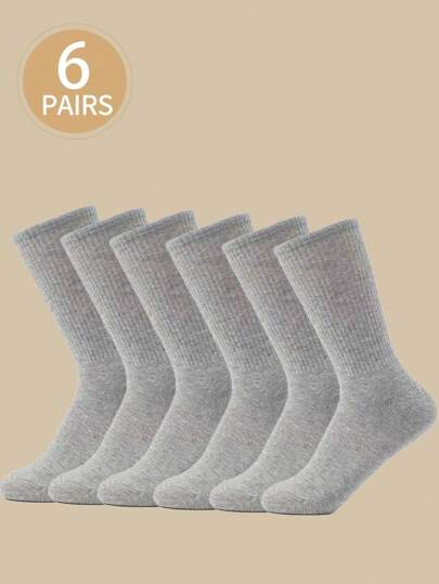 6pairs Solid Color Crew Socks For Women, Everyday Wear, Fall