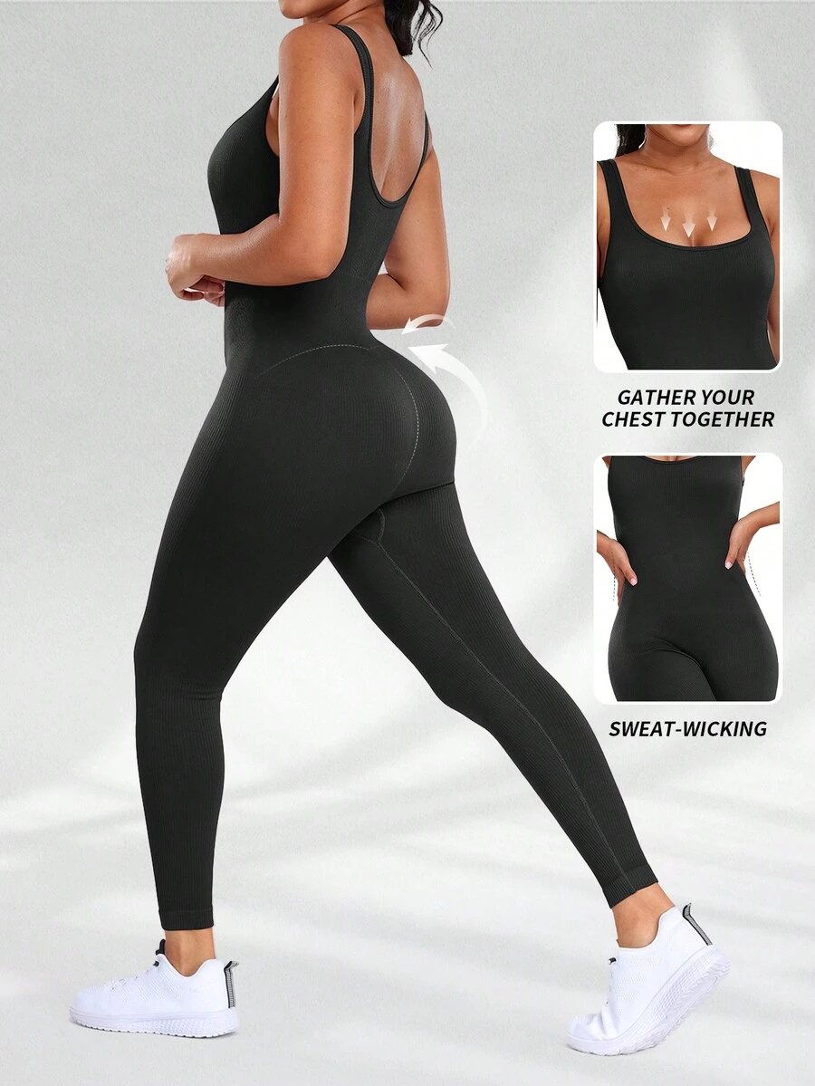 Aaseow Women's Jumpsuits Ribbed One Piece Tank Tops Rompers Sleeveless Yoga Exercise Jumpsuits Shapewear Bodysuit - Black - View 1