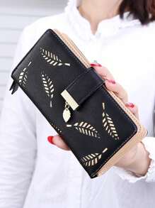 Billetera para mujer con múltiples ranuras y compartimentos, diseño de hoja calada