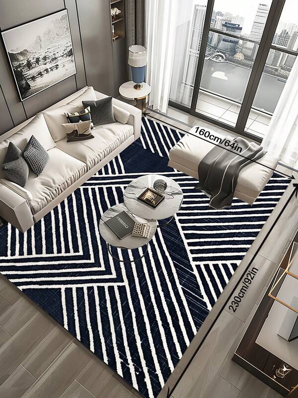 1PC Modern Geometric Area Rug - 64x92 Inch Navy Blue & White Striped Design For Living Room, Soft And Stylish Home Decor