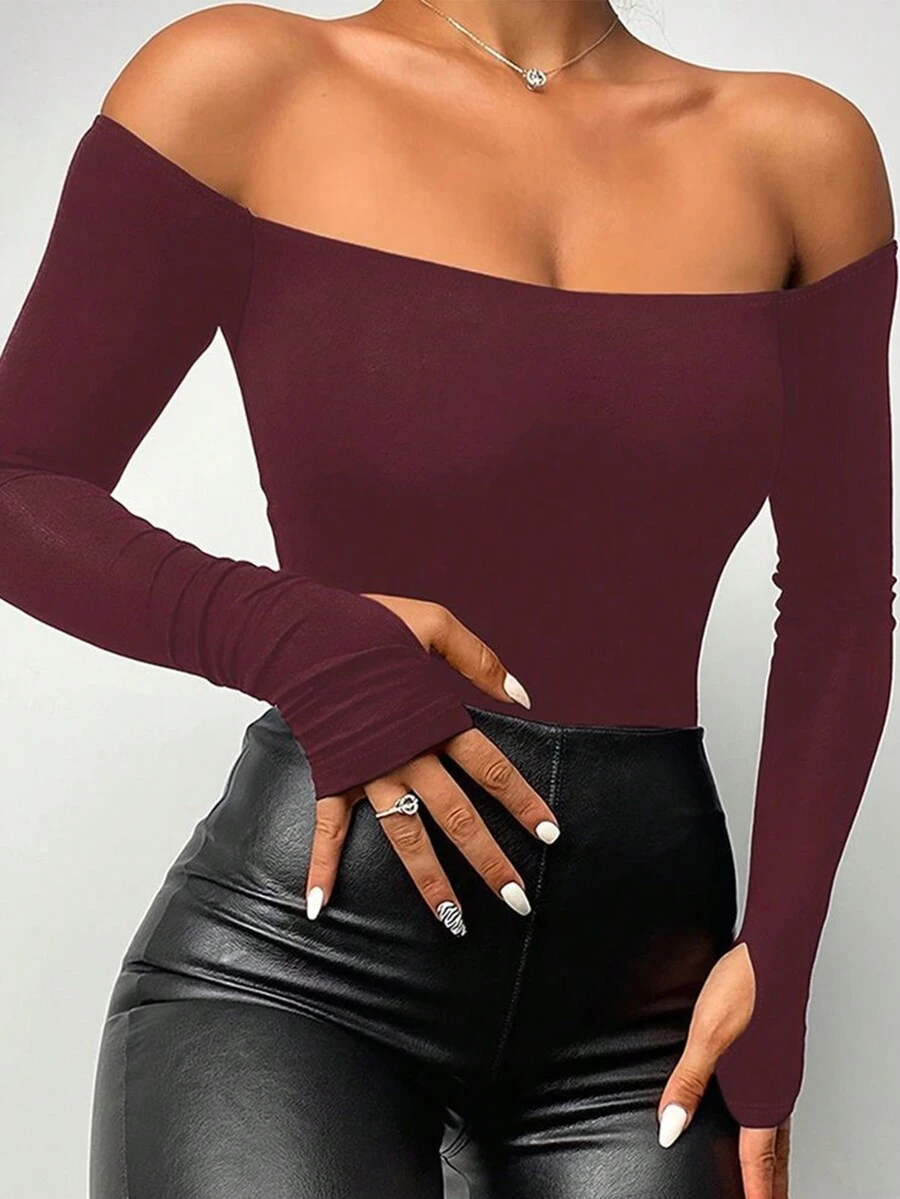 ChicMe قميص أساسي بأكمام طويلة وفتحة كتف مفتوحة، لون أحادي، ملائم، للارتداء اليومي الكاجوال في الربيع للنساء - عنابي اللون - مشاهدة 1