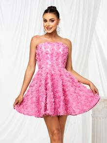 Strapless Bowknot 3D Floral Mini Dress - Pink - View 6