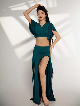 Elly Dancer Costumes For Women Short Sleeves Top+Lace Edg Long Skirt 2pcs Adult Lady Oriental Belly Dancing Wear Outfit