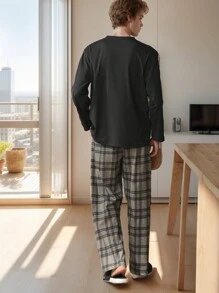 2pcs Men's Casual Plaid Lightweight Long Sleeve Shirt And Pants Pajama Set, Spring - Black - View 3