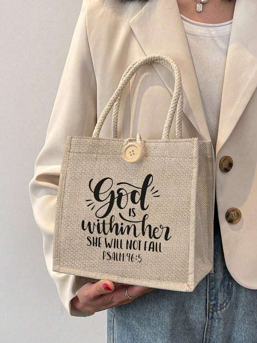 Sac fourre-tout en lin imprimé d'un motif chrétien simple, idéal pour les voyages et les vacances, cadeau parfait pour exprimer sa foi, sac de courses avec bouton décoratif, poignées doubles, réutilisable, convient pour les mariages, les anniversaires, les plages, les festivals, parfait pour les diplômés, les adolescents, les étudiants de première et deuxième année, les élèves du secondaire, également idéal pour les activités de plein air, les voyages et la rentrée scolaire - Kaki - Voir 1