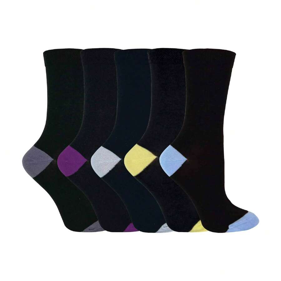 Sock Snob 5 Pack Ladies Soft Top Cotton Rich Socks With Coloured Heel & Toe (CS2) - Fast Shipping And Quick Delivery - Black - View 1