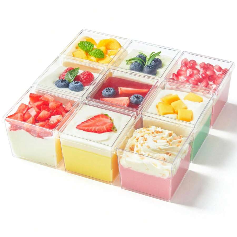 100pcs (50pcs Cups + 50pcs Lids) 5oz/150ml Square Mousse Jelly Dessert Cups Transparent Cupcake Holders Grids Cake Dessert Table Decor For Wedding Party - Clear - View 1