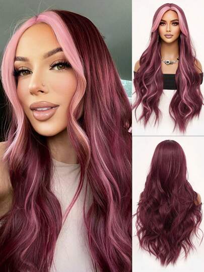 Sweet Burgundy Highlighted Pink Long Loose Wavy Wig 34 Inches With Center Part Bangs Soft And Fluffy Synthetic Wig Suitable For Women's Daily Wear Ideal For Holiday Gatherings, Wedding Parties, Halloween, Christmas, Cosplay, Y2K Winter Casual Street Style, And More