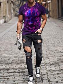 Men's Casual Skull Pattern Crew Neck Short Sleeve T-Shirt - Purple - View 3