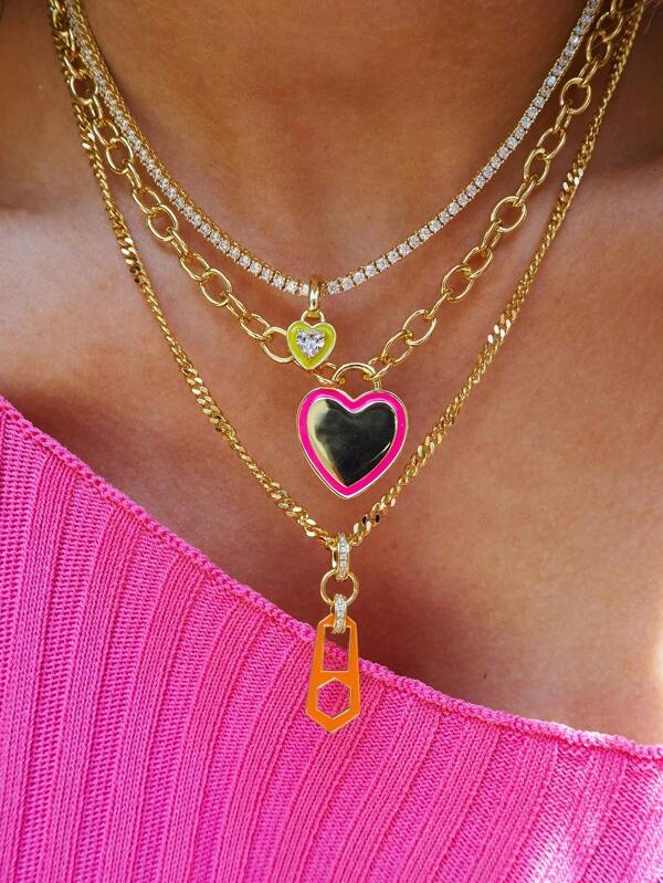 1 pieza Nuevo collar de acero de titanio con circonita cúbica de color rosa colorida en forma de amor para mujer, joyería de moda retro de metal