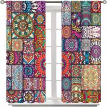 2 片波西米亚曼陀罗花卉窗帘彩色圆圈抽象波西米亚花卉现代家居卧室客厅遮光窗帘 - 多色 - 查看 4
