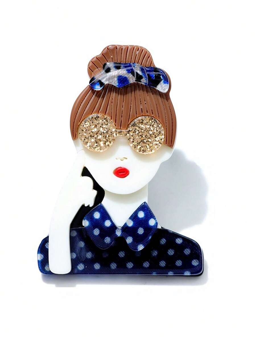 1pc Acrylic Cartoon Girl With Sunglasses Design Brooch, Fashion Clothing/Bag Accessory - Blue - View 1