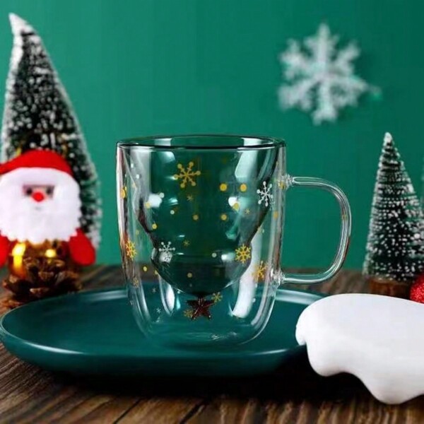 1pc Double Layer Insulated Cute Christmas Glass Mug With Lid, High Borosilicate Glass Cup With Handle, Milk Cup, Fashionable Milk Tea Coffee Drink Cup Gift