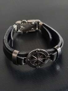 Men's Leather Bracelet Silver Compass Metal Clasp - màu đen - Xem 5