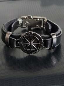Men's Leather Bracelet Silver Compass Metal Clasp - màu đen - Xem 7