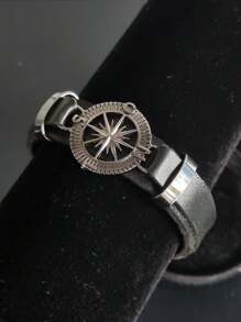 Men's Leather Bracelet Silver Compass Metal Clasp - màu đen - Xem 1