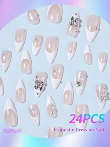24pcs Y2K Almond French Tip Press On Nails Medium,  3D Stars & Bows Fit Perfectly Acrylic False Nails Set, Contain 1pc Jelly Glue And 1pc Nail File, Suitable For Women And Girls DIY Daily Work, Study And Party Use