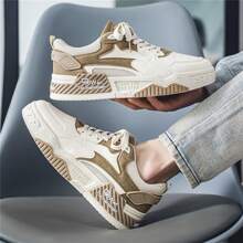 Zapatillas casuales de hombre con puntera redonda, cordones, suela gruesa, bajo empeine y todo a juego - Beis - Ver 4