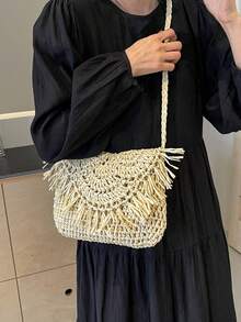 时尚简约米色流苏翻盖编织草编包，女士多功能夏季旅行沙滩斜挎包 - 米色 - 查看 2