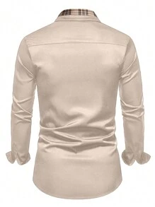 Camisa casual de negocios para hombre con parches a cuadros de manga larga y abotonada, para primavera/otoño, para el otoño - Caqui - Ver 2