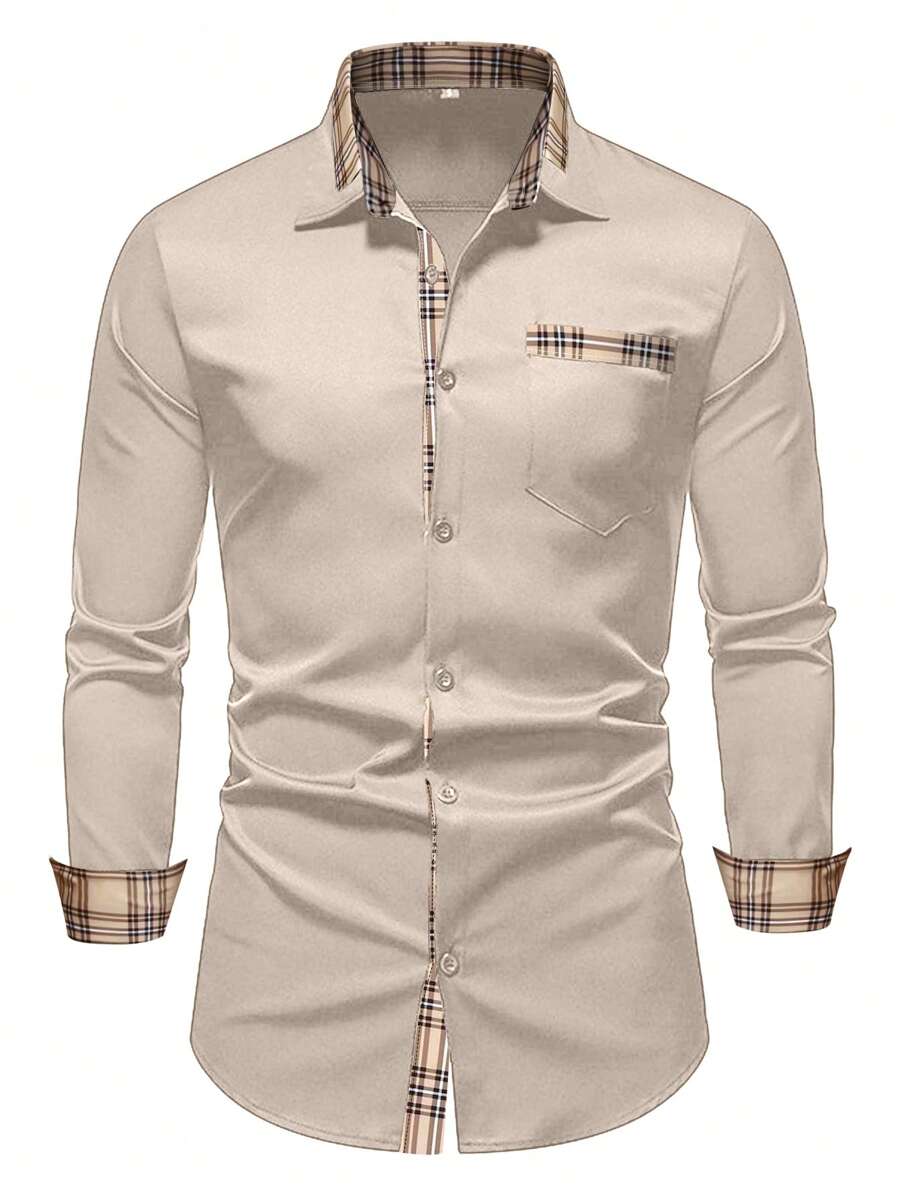 Camisa casual de negocios para hombre con parches a cuadros de manga larga y abotonada, para primavera/otoño, para el otoño - Caqui - Ver 1