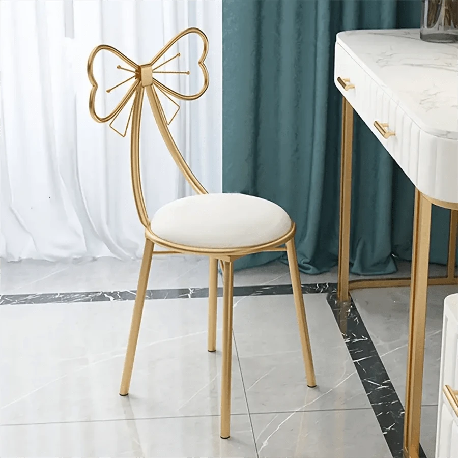 Makeup Vanity Girl Chairs Stool For Bedroom With Bow Knot Backrest,Side Table Seat Dressing Chair With Golden Metal Leg,Velvet Cushion For Girl Daughter Room - 杏色 - 查看 1