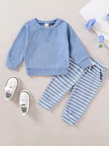 Conjunto de 2 piezas para bebé niño, unicolor suave y lindo, sudadera con capucha y pantalones a rayas, suave, cómodo y transpirable