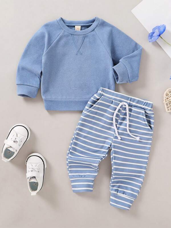 Conjunto de 2 piezas para bebé niño, unicolor suave y lindo, sudadera con capucha y pantalones a rayas, suave, cómodo y transpirable