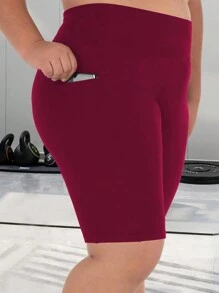 Plus Size Women Crescent Moon Pocket Yoga Pants, Elastic Soft Cycling Shorts, Everyday Bermuda Shorts - Burgundy - View 5