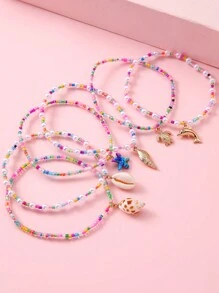 6pcs/Set Girls' Summer Beach Style Shell, Sea Animal, Starfish, Conch, Turtle Pendant Beaded Anklet - Multicolor - View 3