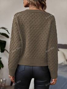Knit Mix Women's Knitted Casual Commuter Sweater With Diamond Pattern, Crew Neck Long Sleeve Loose Fit Top For Autumn & Winter Back To School Fall Women Clothes Autumn