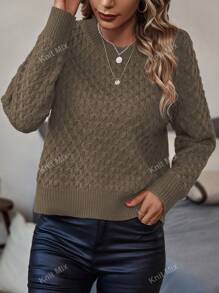 Knit Mix Women's Knitted Casual Commuter Sweater With Diamond Pattern, Crew Neck Long Sleeve Loose Fit Top For Autumn & Winter Back To School Fall Women Clothes Autumn