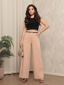 Women's High Waist Tailored Pants With Belt - 米色 - 查看 1