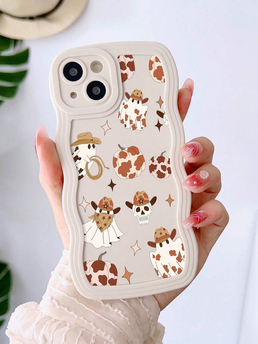 Y2K Heart Print Halloween Holiday 1pc Cowboy Ghost Pumpkin Wavy Pattern Shockproof Protective Phone Case Compatible With IPhone 15/14/13/12/11 - Multicolor - View 1