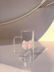 1 pieza Taza de café de 400ml con decoración de lazo rosa, vaso de agua para el hogar con pajita, vaso de cristal aislado estético, para uso en la oficina y el hogar - Rosa - Ver 6
