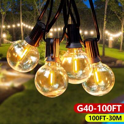 100 Feet Of Waterproof Outdoor String Lights That Are Compatible With Patio Porch Bistro Sets And G40 Globe LED Patio Lights With 50 Edison Antique Bulbs.