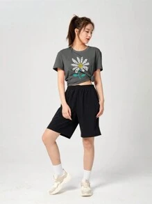 baasploa 女士夏季短袖舒适字母印花休闲T恤 户外跑步健身运动短袖 - 深灰色 - 查看 7