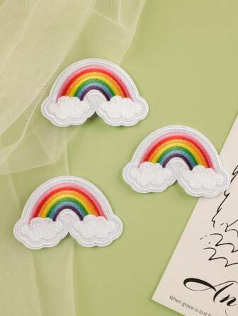 1set/3pcs Multi-Color Rainbow Pattern Fabric Patches, Cute Cartoon Style Polyester Iron-On/Sew-On Applique For Clothing, Bags, Shoes, Hats, Home Decor