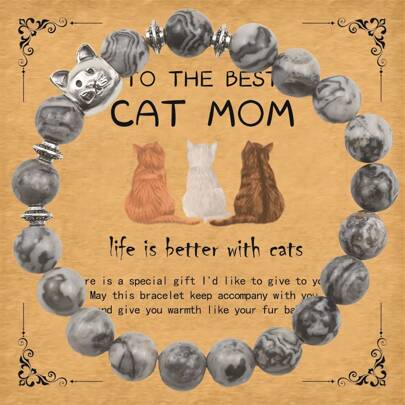 1pc Natural Stone Cat-Themed Bracelet With 'CAT MOM' Blessing Card, Adorable Cat Beaded Elastic Jewelry, Lovely Gift For Women On Valentine's Day Or Birthday Valentines