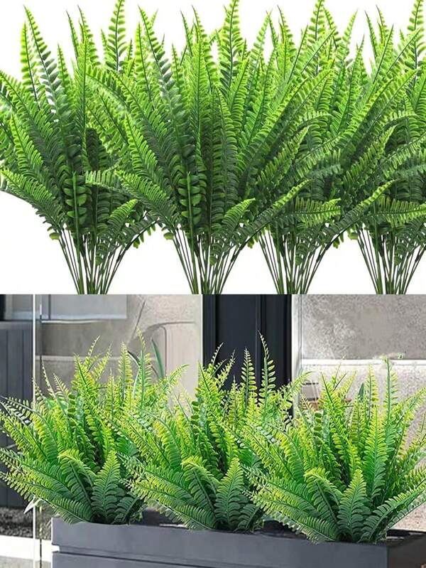 4 piezas Decoraciones de planta falsa simulada, decoraciones de jardín resistentes a los rayos UV, adornos para habitaciones, dormitorios, paredes, plantas de plástico verdes falsas, decoración del hogar, baño, plantas similares a helechos artificiales, decoración de pared de hiedra verde, decoración artificial para hogar, jardín, boda, fiesta, Halloween, interior y exterior, vacaciones, San Valentín, regalos, cumpleaños, graduación, decoración de jardín, plantas de exterior, jardinería, flores falsas