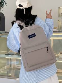 1pc Plain Zipper Large Capacity Backpack, College Style School Bag, Minimalist Everyday Rucksack For Students, First Day Of School, College Backpack - Khaki - View 3