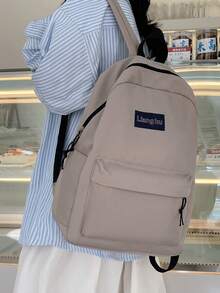 1pc Plain Zipper Large Capacity Backpack, College Style School Bag, Minimalist Everyday Rucksack For Students, First Day Of School, College Backpack - Khaki - View 6